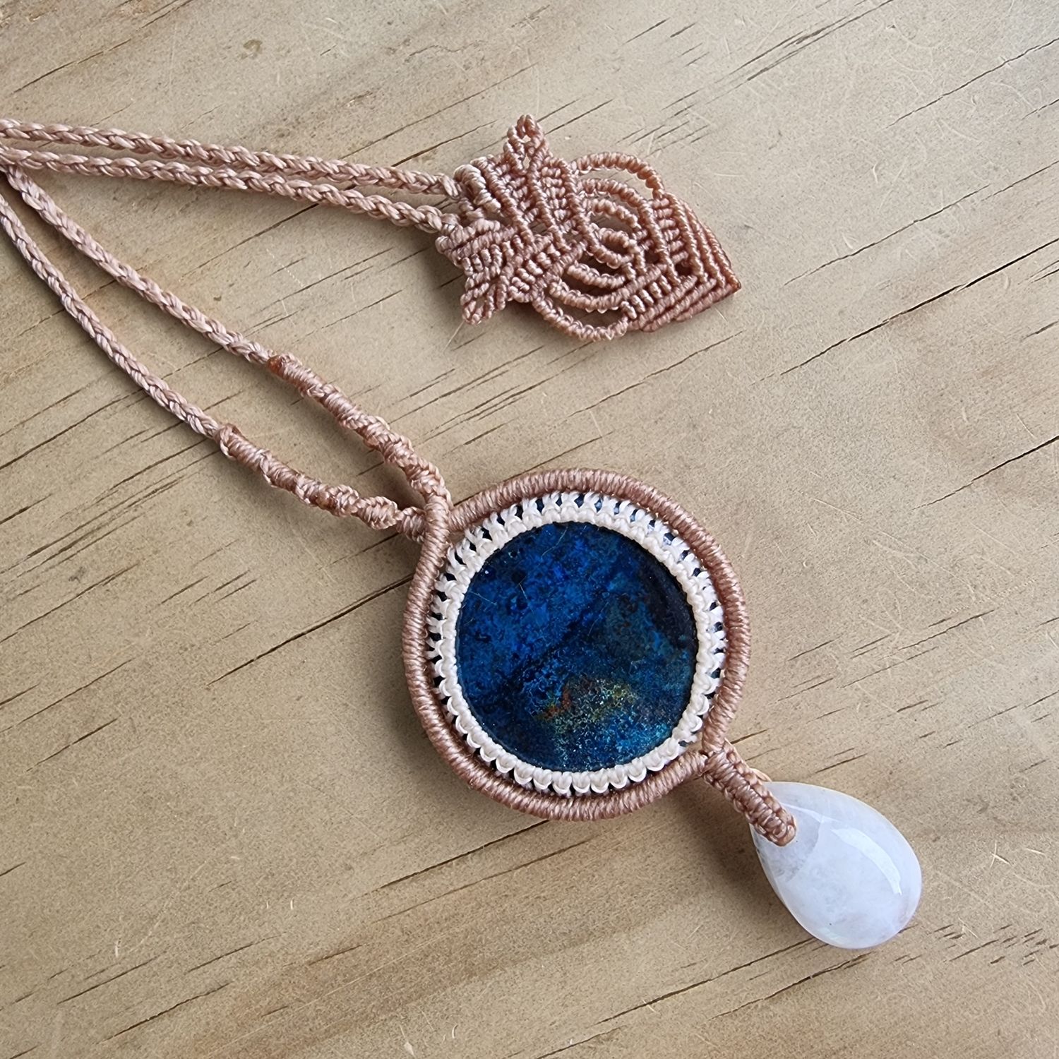 Shattuckite &amp; Moonstone Adjustable Micromacrame Necklace