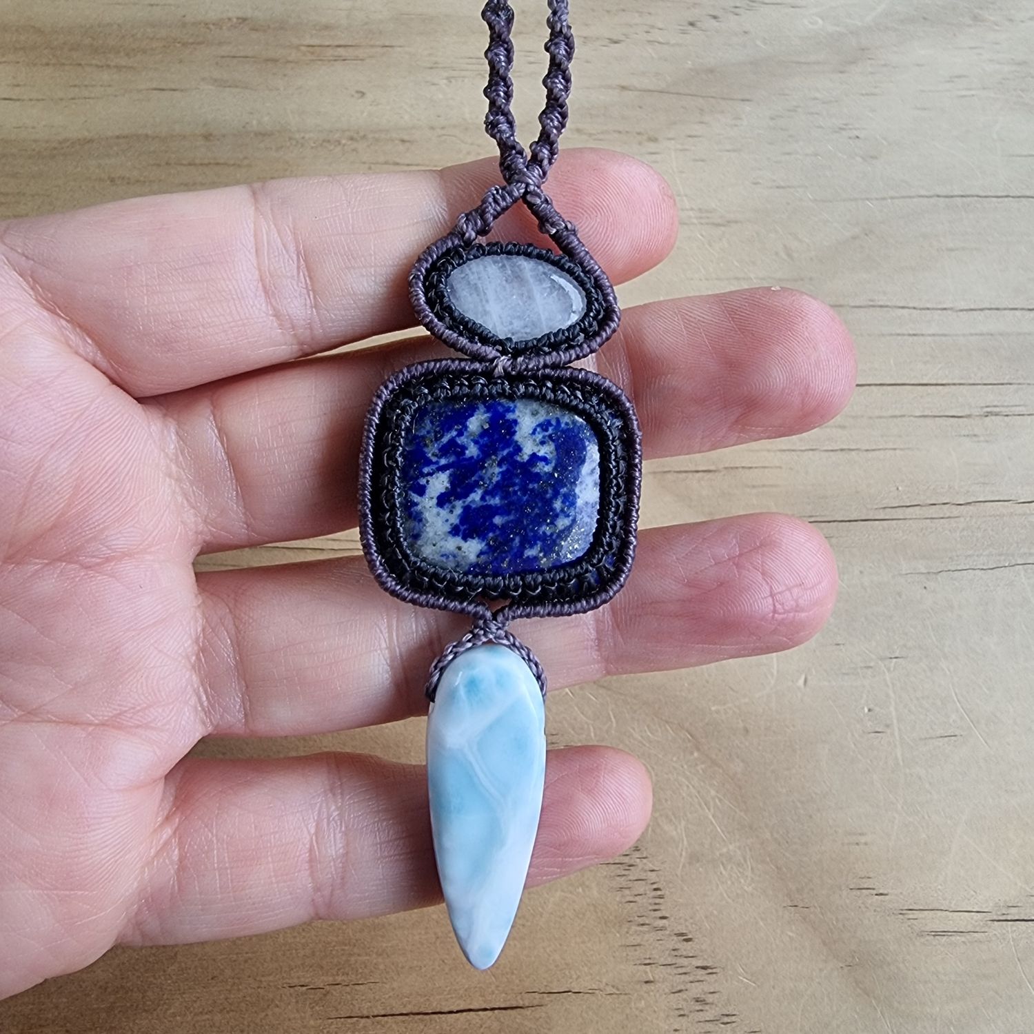 Moonstone, Lapis Lazuli &amp; Larimar Adjustable Micromacrame Necklace