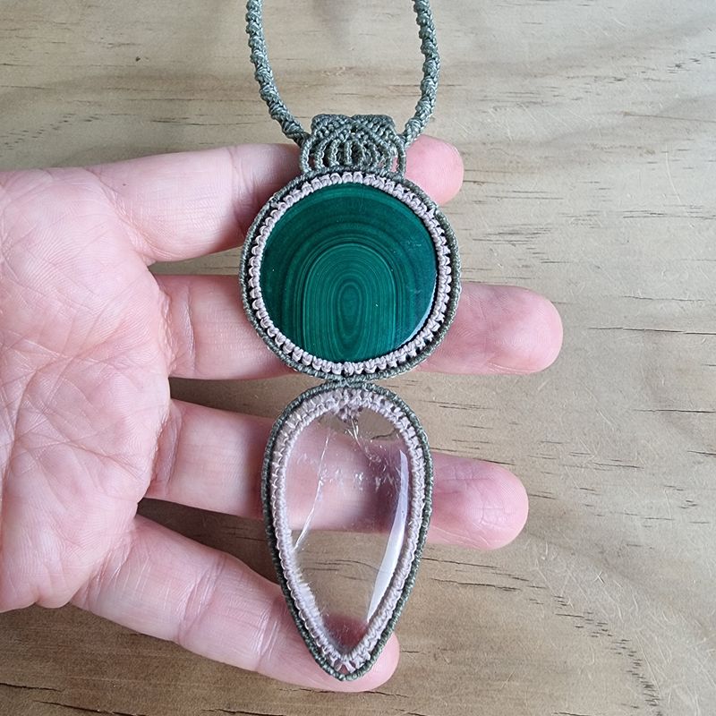 Malachite &amp; Clear Quartz Adjustable Micromacrame Necklace