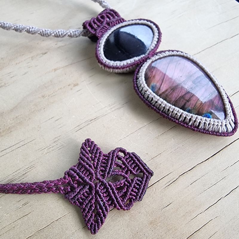 Purpurite &amp; Purple Labradorite Adjustable Micromacrame Necklace