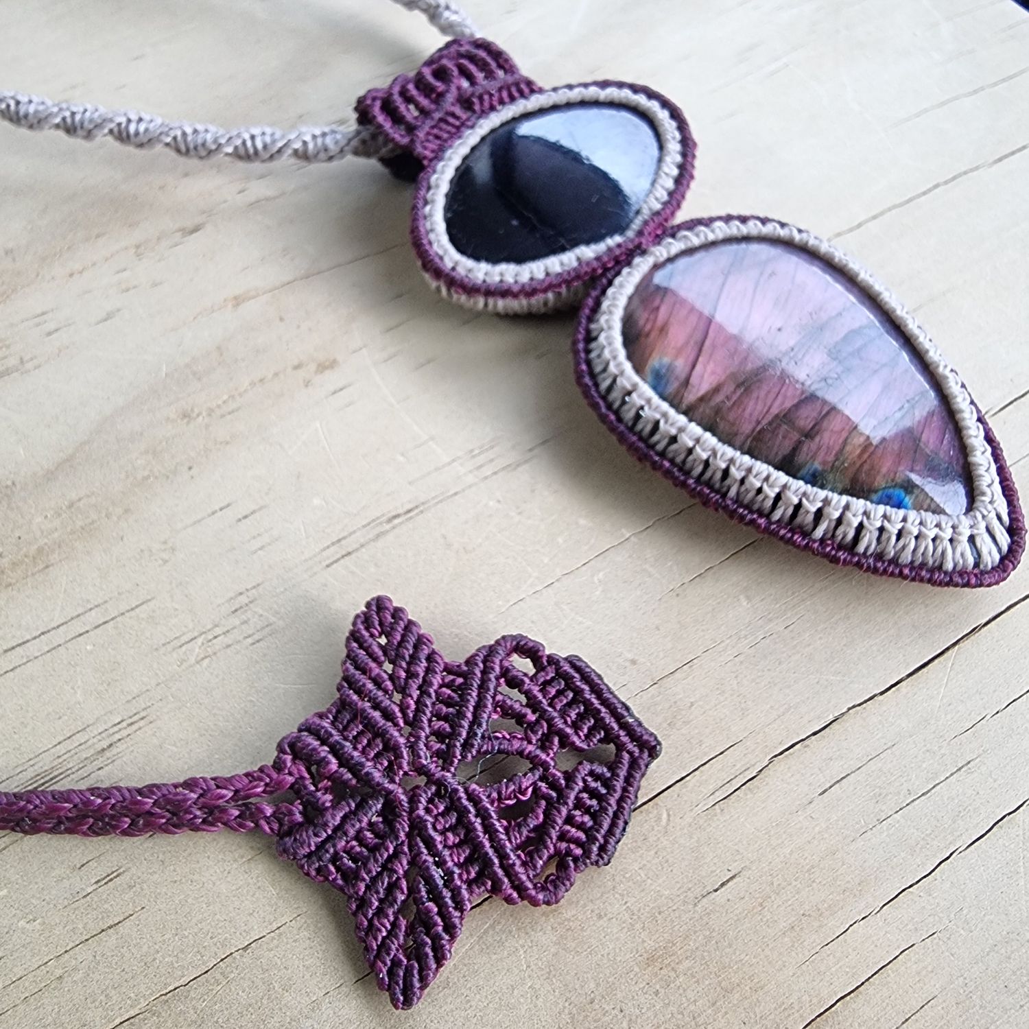 Purpurite &amp; Purple Labradorite Adjustable Micromacrame Necklace