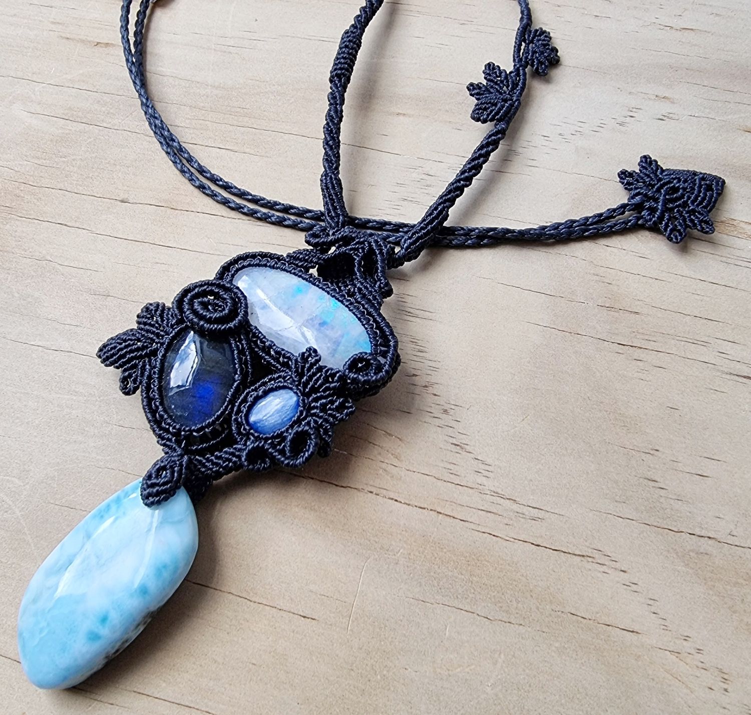 Moonstone, Blue Kyanite, Blue Labradorite &amp; Larimar Adjustable Micromacrame Necklace