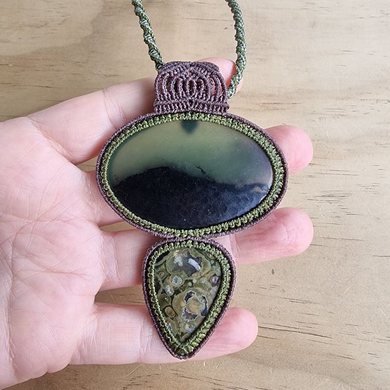 Serpentine &amp; Rainforest Jasper Adjustable Micromacrame Necklace
