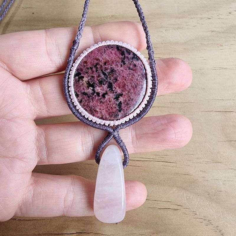 Rhodonite &amp; Rose Quartz Adjustable Micromacrame Necklace