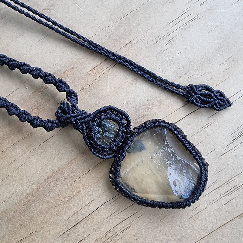 Moldavite &amp; Libyan Desert Glass Adjustable Micromacrame Necklace