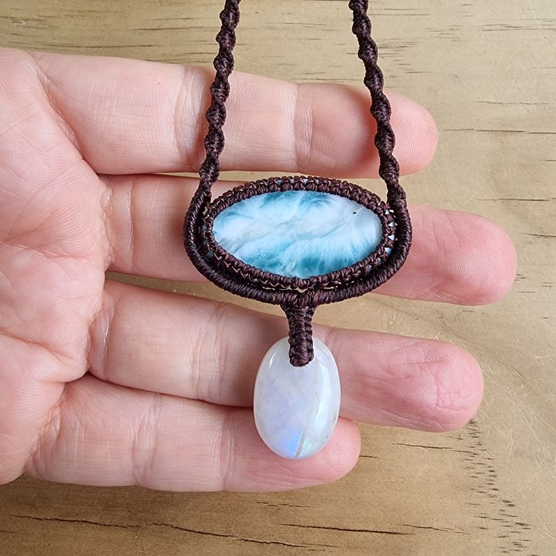 Larimar &amp; Moonstone Adjustable Micromacrame Necklace