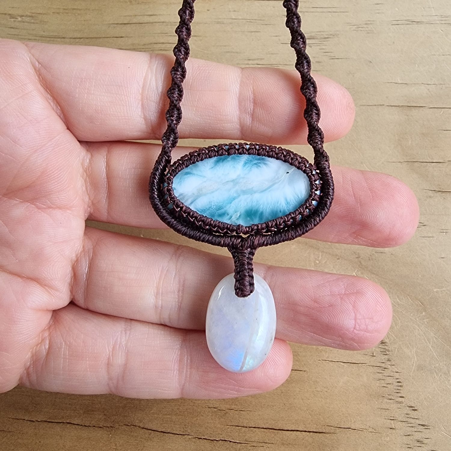 Larimar &amp; Moonstone Adjustable Micromacrame Necklace