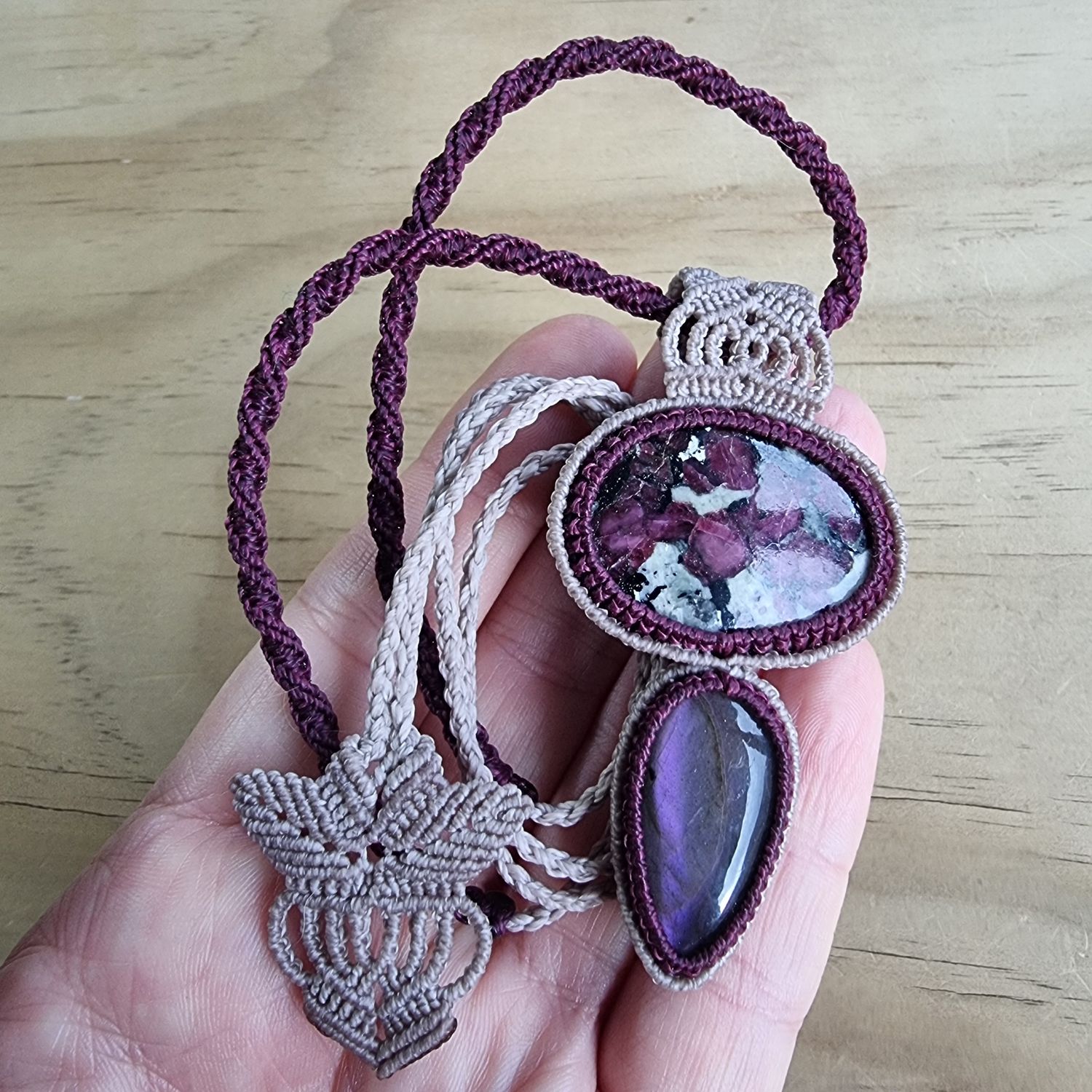 Eudialyte &amp; Purple Labradorite Adjustable Micromacrame Necklace