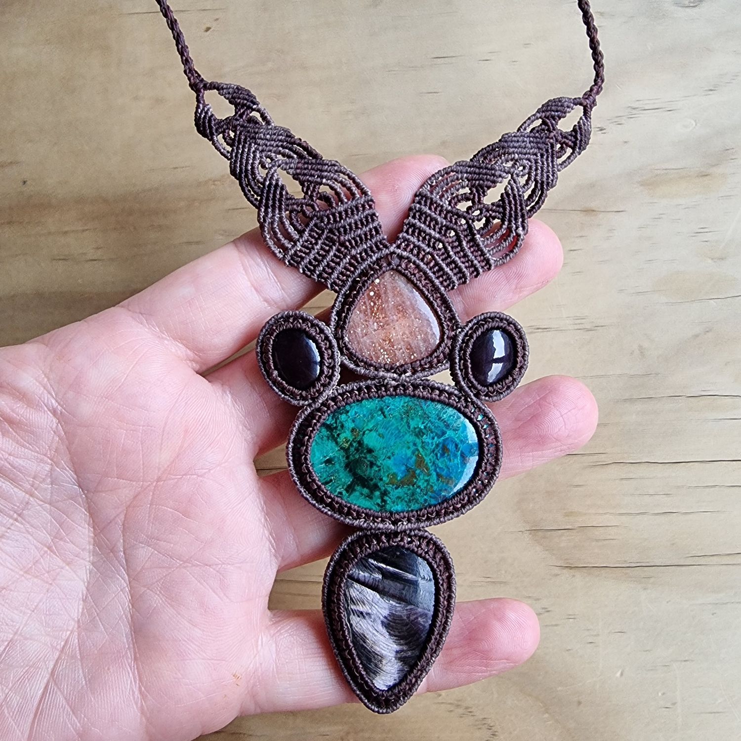 Sunstone, Peruvian Chrysocolla, Star Garnet &amp; Hypersthene Adjustable Micromacrame Necklace