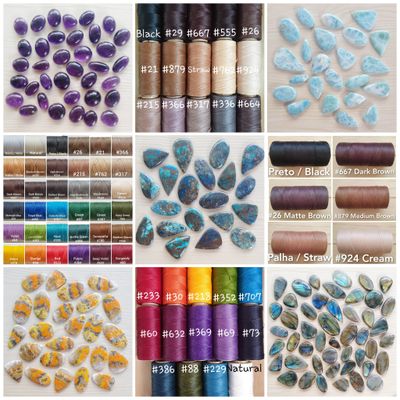 Premium Brazilian Linhasita thread and flat-back cabochons displayed for macramé and jewelry making projects.
