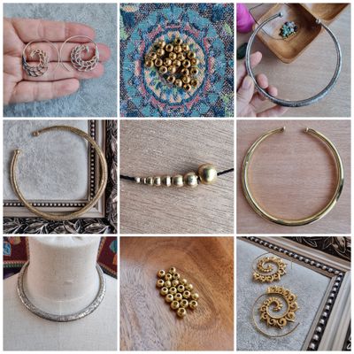 Brass earrings, beads, and chokers displayed as jewelry-making supplies for macramé and handcrafted designs.