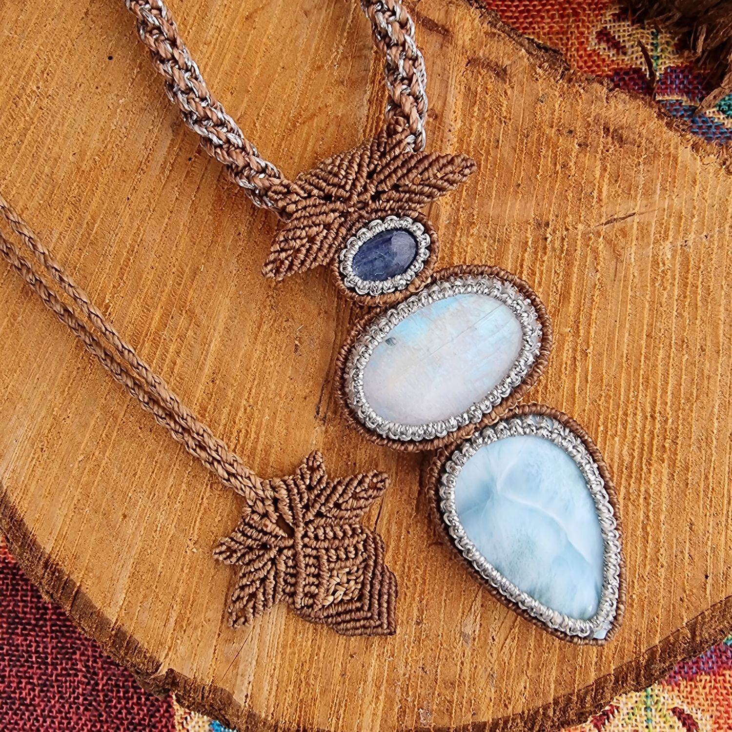 Moonstone, Blue Kyanite &amp; Larimar Adjustable Micromacrame Necklace