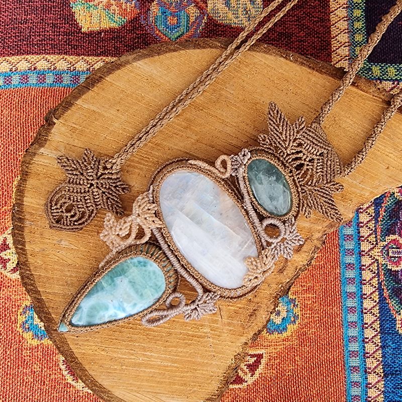 Aquamarine, Moonstone &amp; Larimar Adjustable Micromacrame Necklace