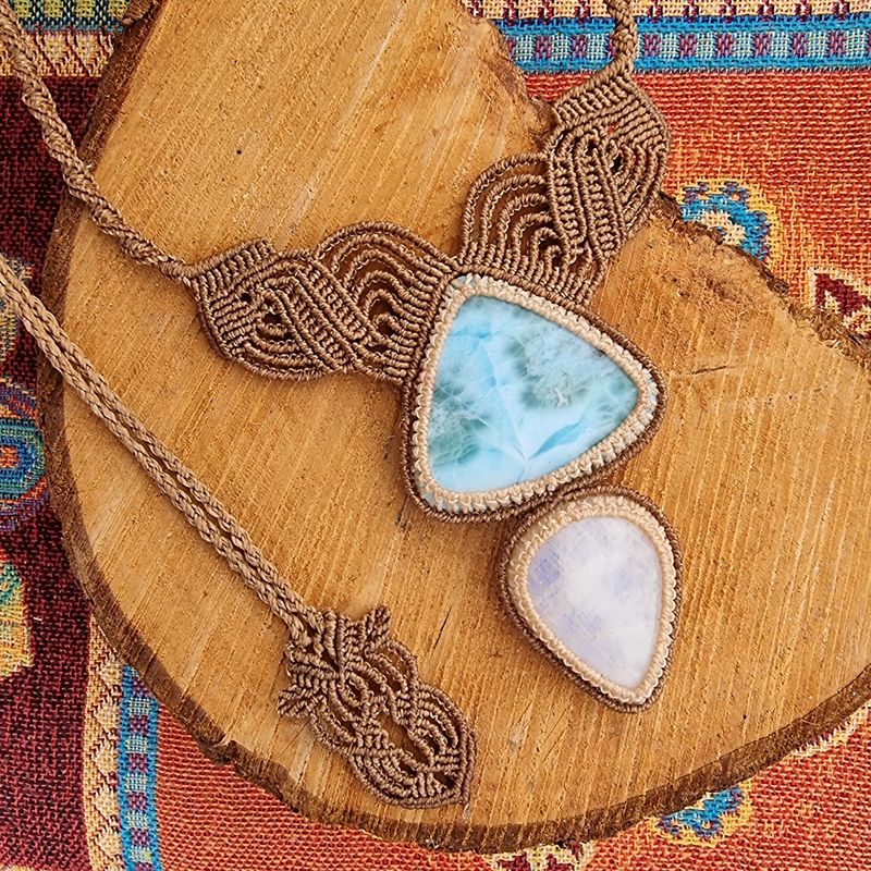 Moonstone &amp; Larimar Adjustable Micromacrame Necklace