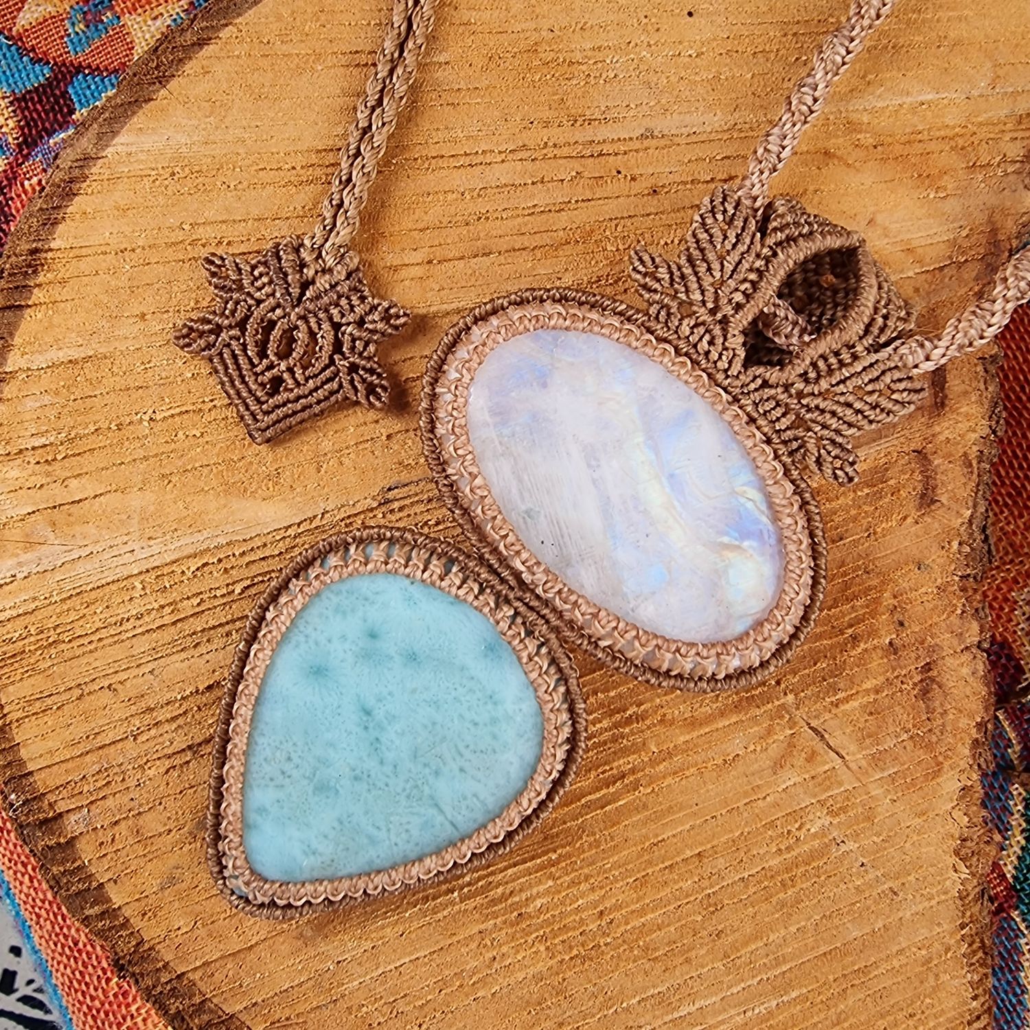 Moonstone &amp; Larimar Adjustable Micromacrame Necklace