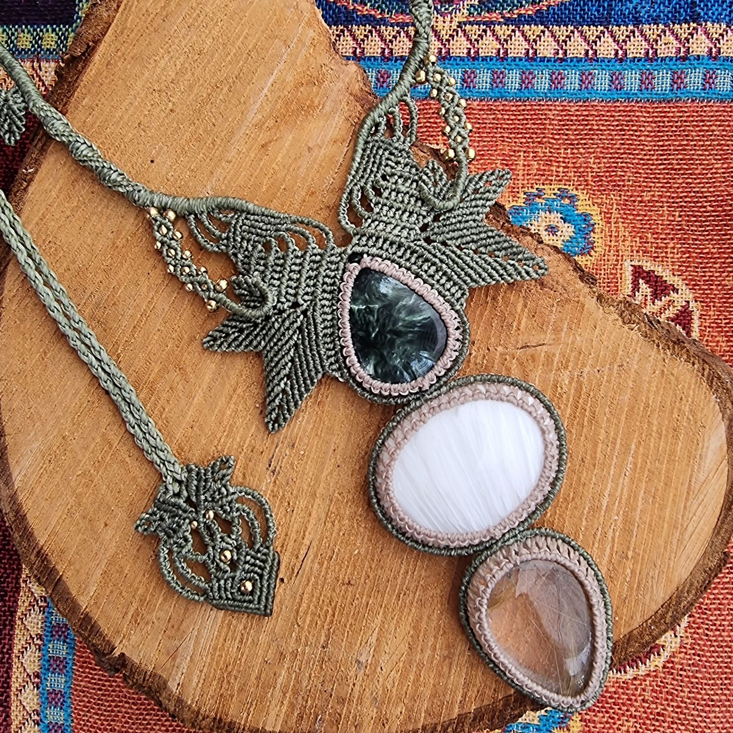 Golden Rutilated Quartz, Seraphinite &amp; Scolecite Adjustable Micromacrame Necklace