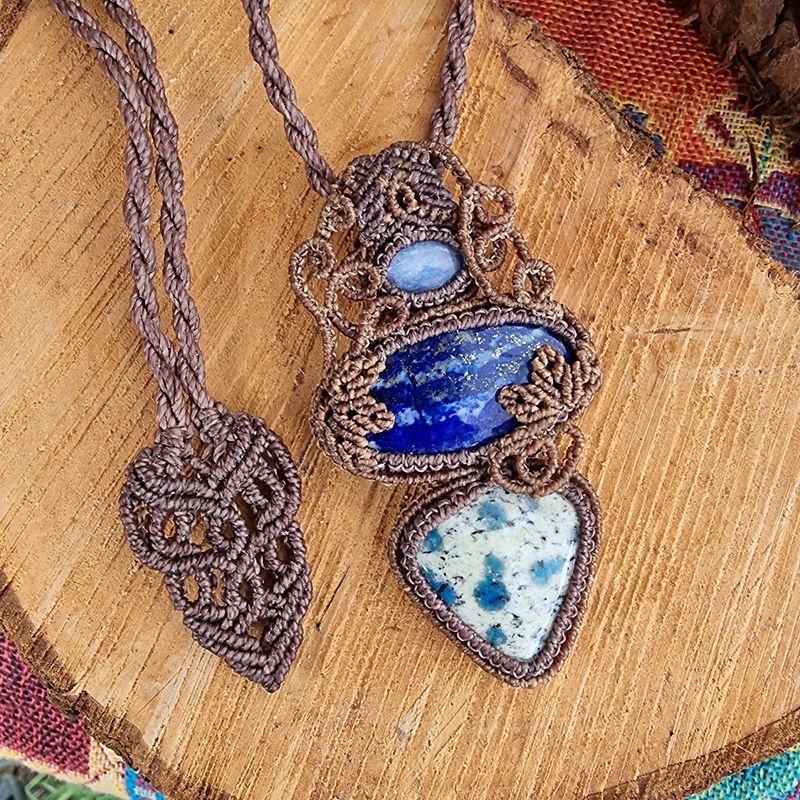 Blue Kyanite, Lapis Lazuli &amp; K2 Adjustable Micromacrame Necklace