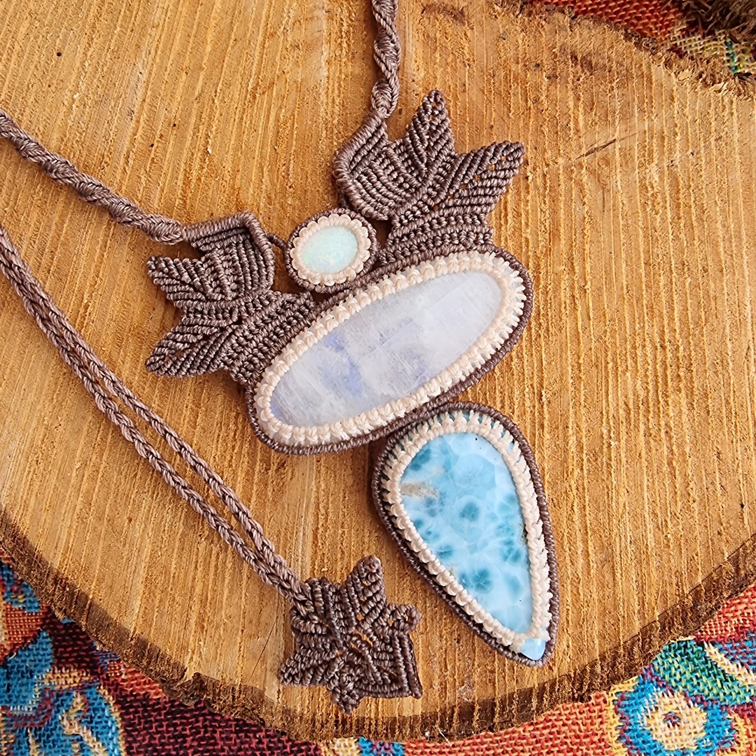 Australian Opal, Moonstone &amp; Larimar Adjustable Micromacrame Necklace