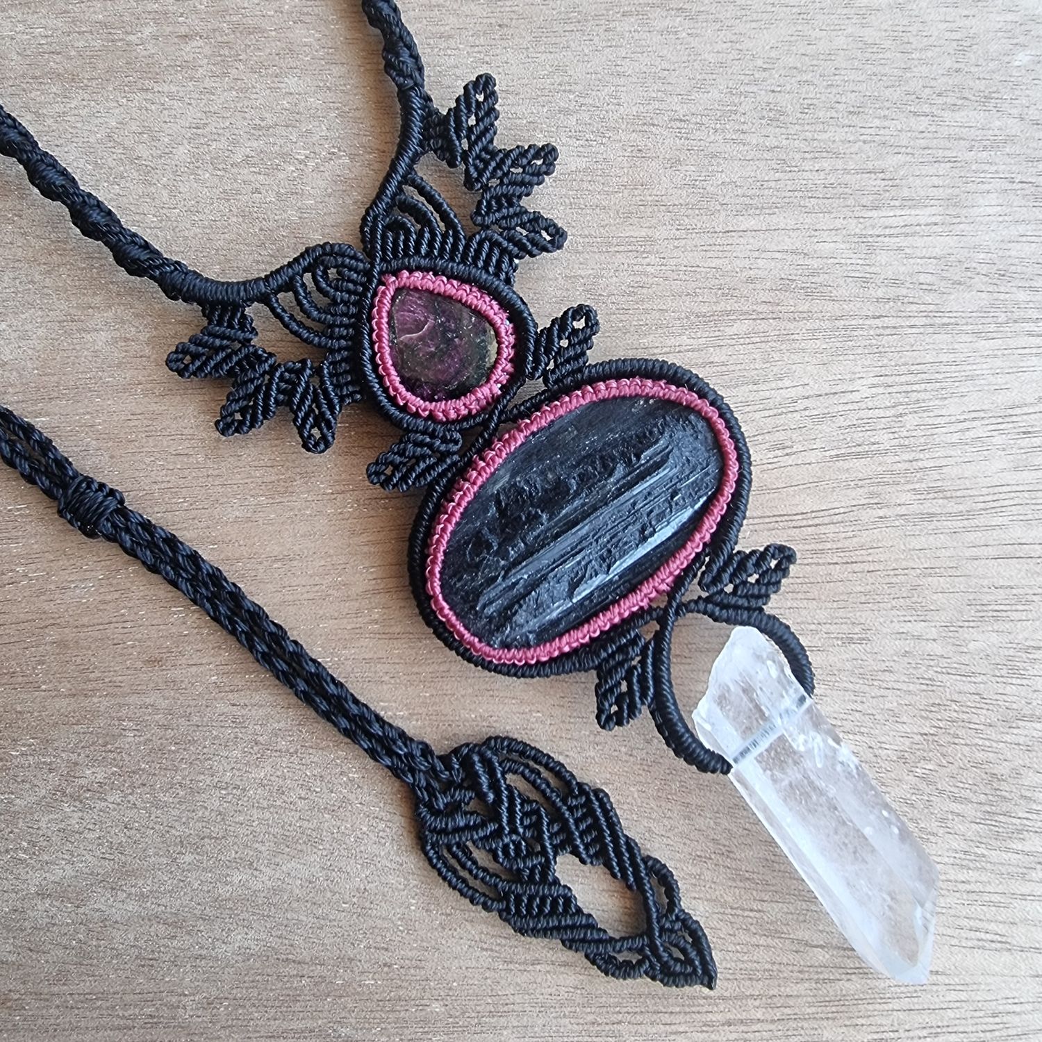 Eudialyte, Black Tourmaline &amp; Clear Quartz Adjustable Micromacrame Necklace