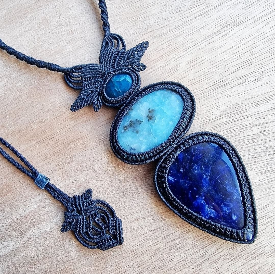 Blue Apatite, Hemimorphite &amp; Sodalite MicroMacrame Necklace