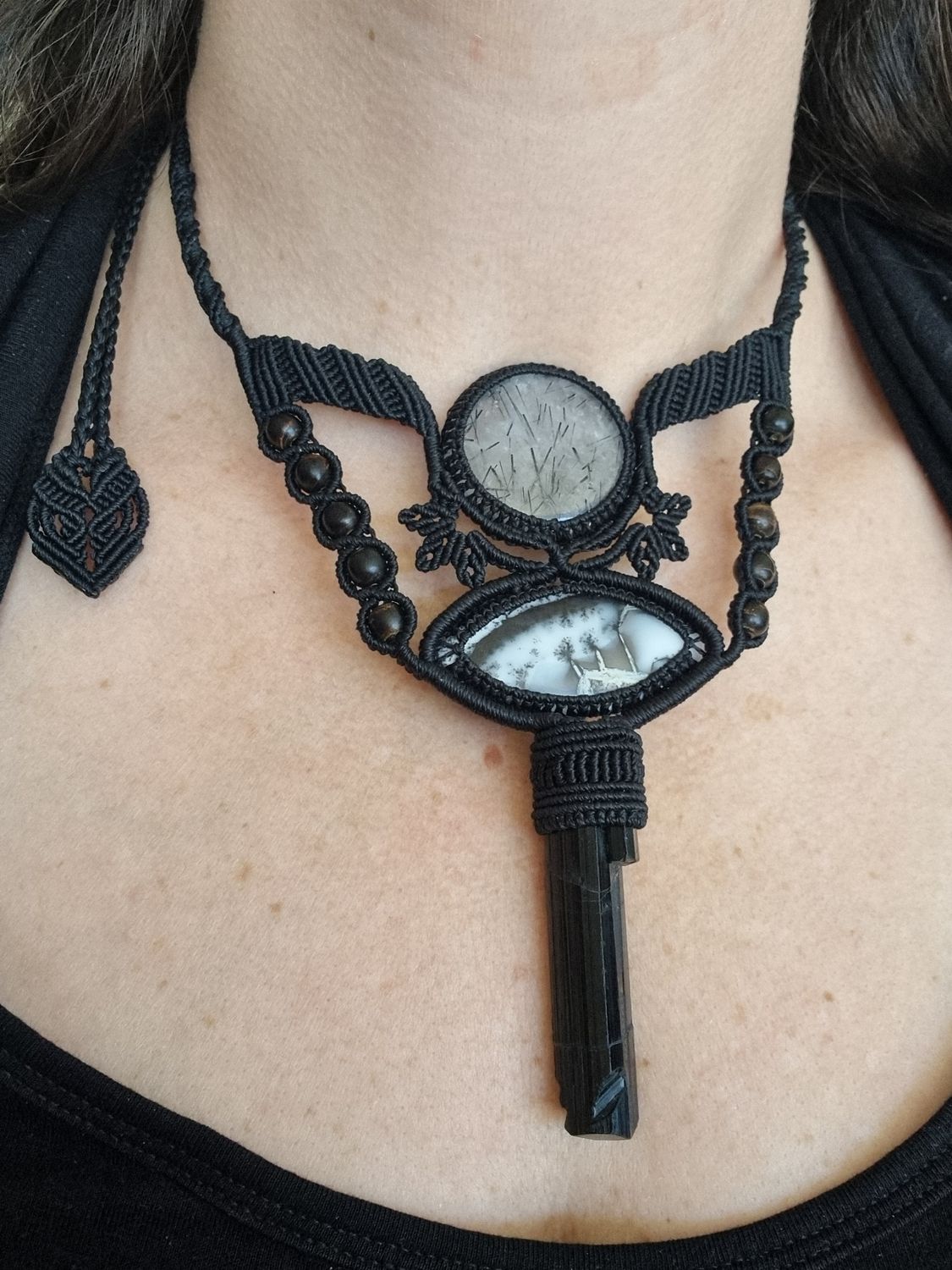Black Tourmaline Quartz, Dendrite Agate, Black Tourmaline &amp; Black Coral Adjustable Micromacrame Necklace