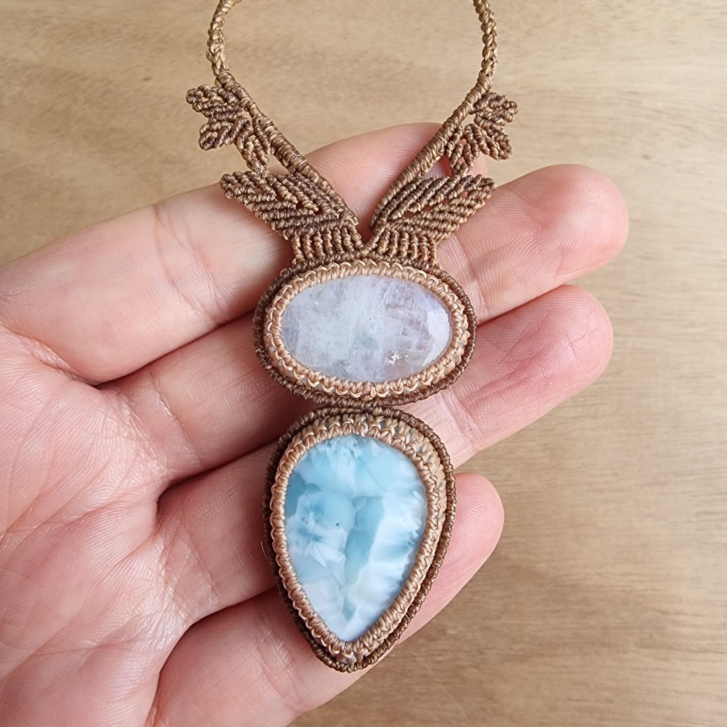 Moonstone &amp; Larimar Adjustable Micromacrame Necklace