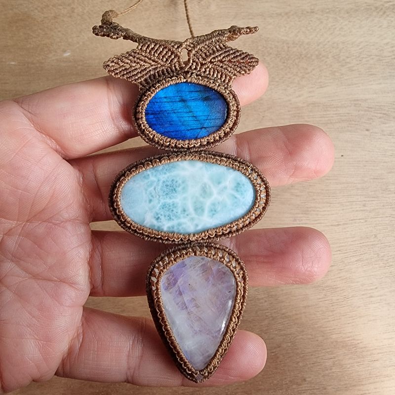Blue Labradorite, Larimar &amp; Moonstone Adjustable Micromacrame Necklace