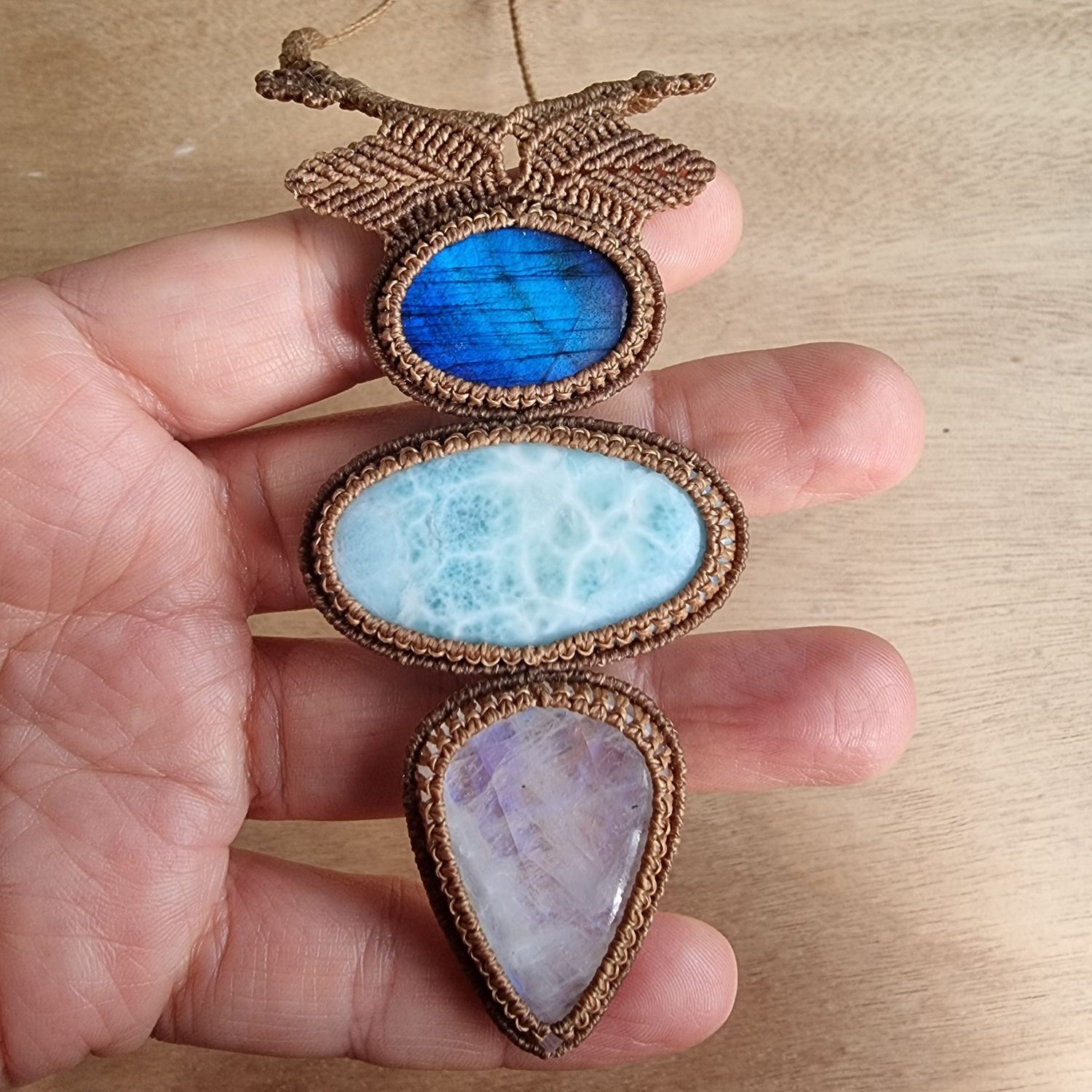 Blue Labradorite, Larimar &amp; Moonstone Adjustable Micromacrame Necklace