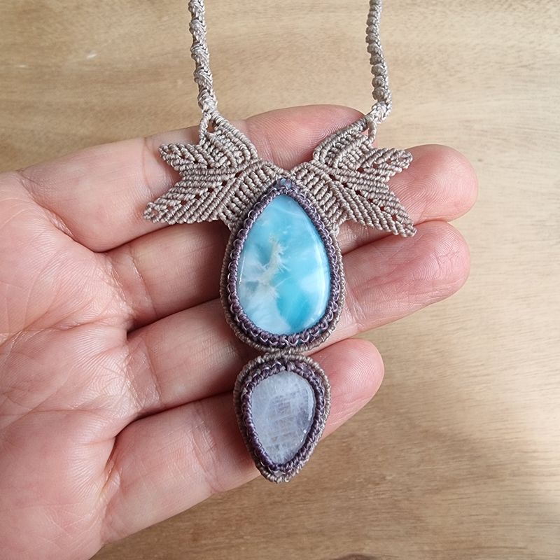 Moonstone &amp; Larimar Adjustable Micromacrame Necklace