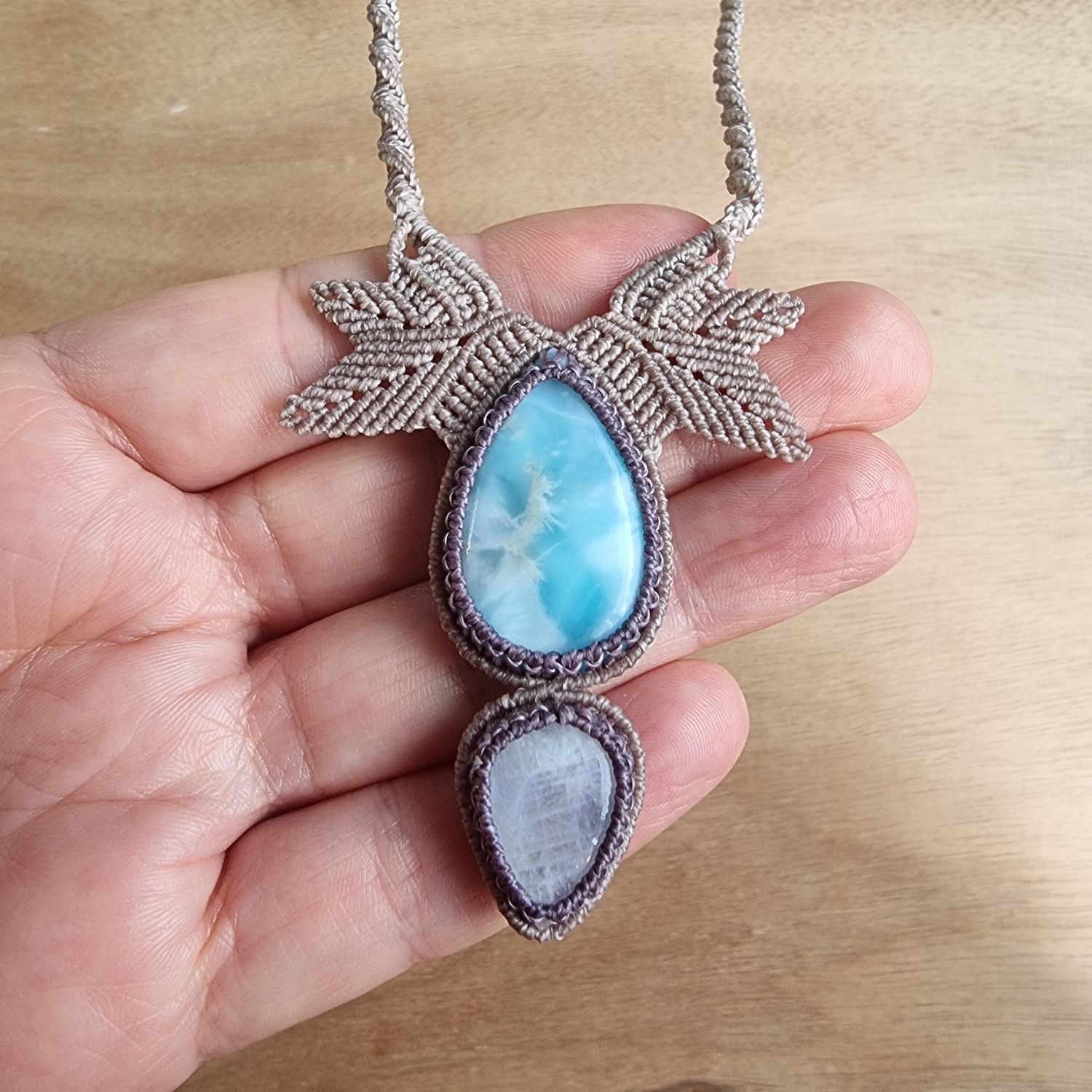Moonstone &amp; Larimar Adjustable Micromacrame Necklace