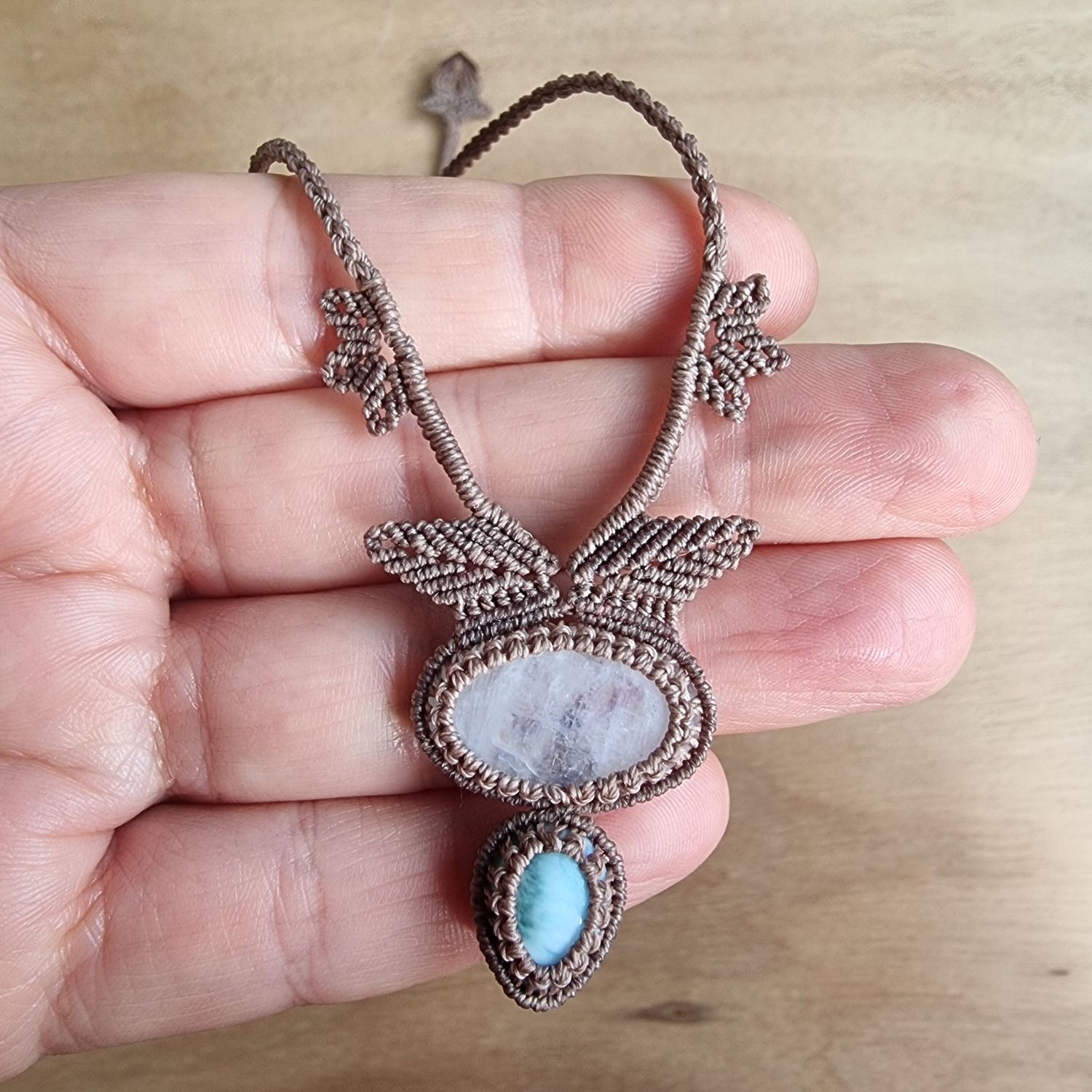 Moonstone &amp; Larimar Adjustable Micromacrame Necklace