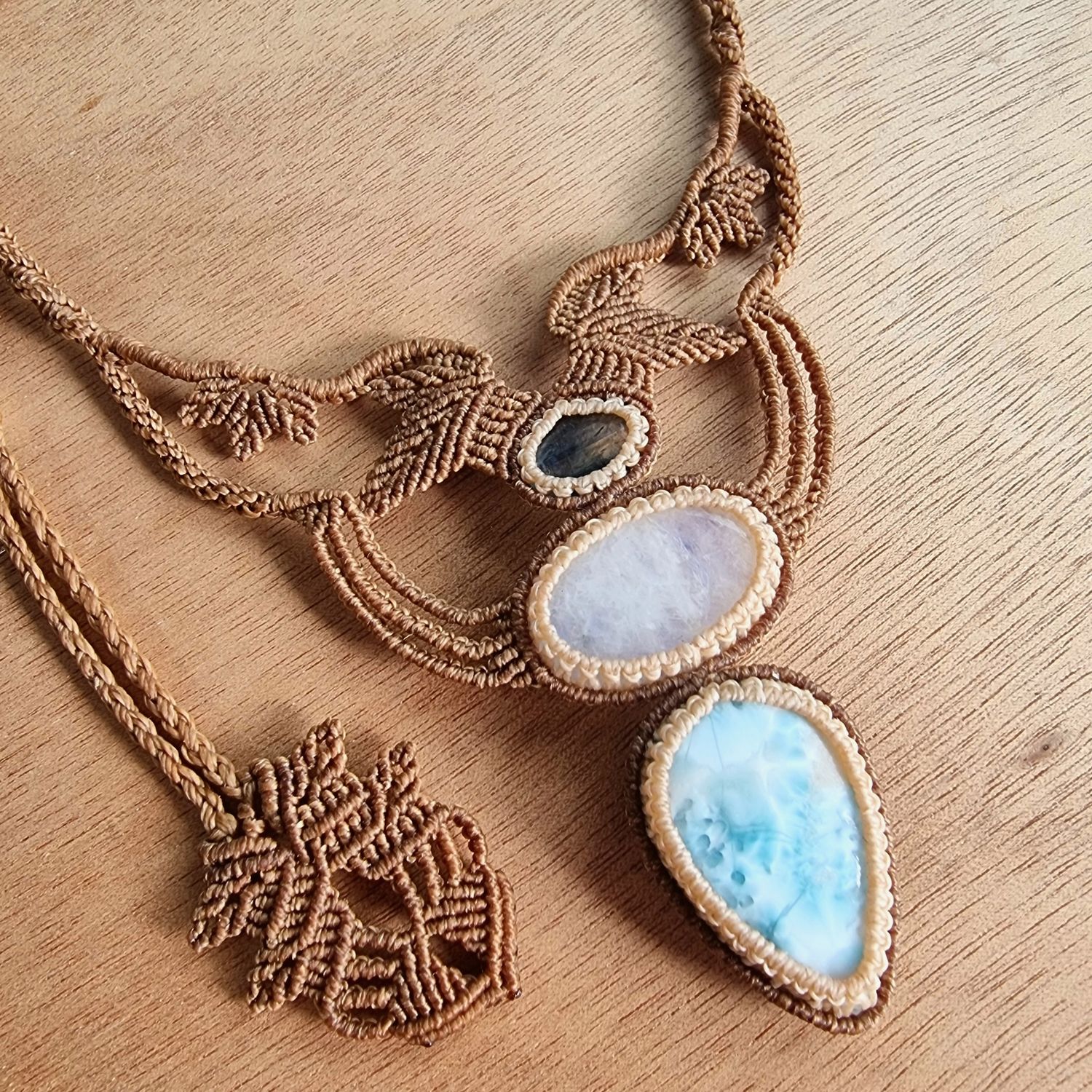 Moonstone, Blue Kyanite &amp; Larimar Adjustable Micromacrame Necklace