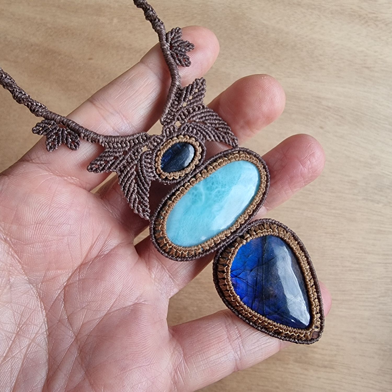 Blue Kyanite, Blue Labradorite &amp; Larimar Adjustable Micromacrame Necklace