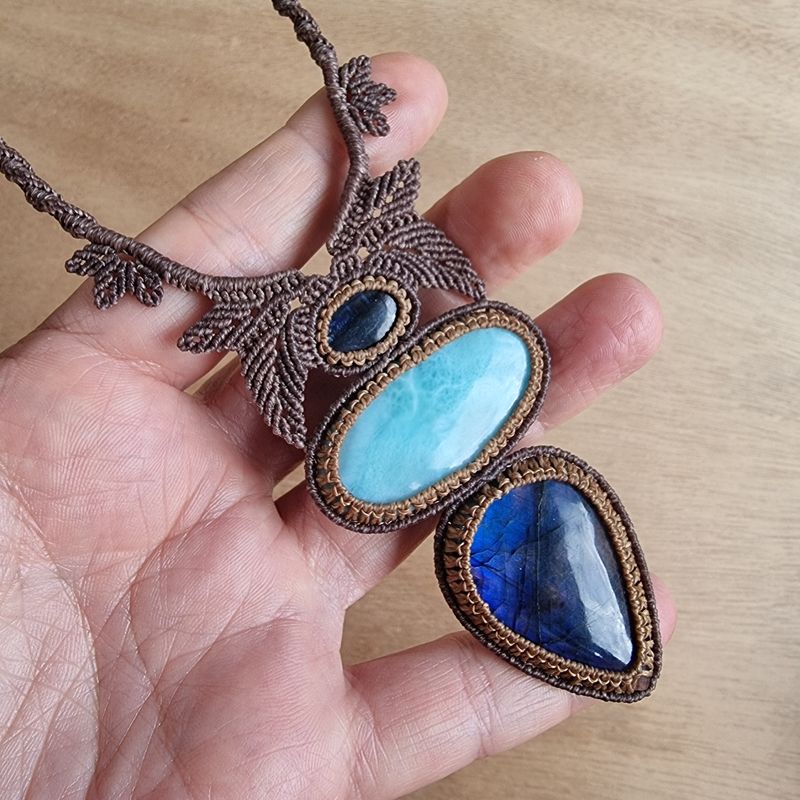 Blue Kyanite, Blue Labradorite &amp; Larimar Adjustable Micromacrame Necklace