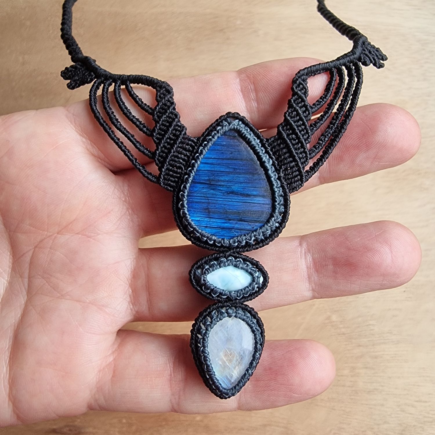 Blue Kyanite, Blue Labradorite &amp; Larimar Adjustable Micromacrame Necklace