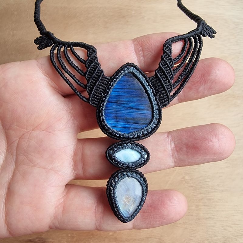 Blue Kyanite, Blue Labradorite &amp; Larimar Adjustable Micromacrame Necklace