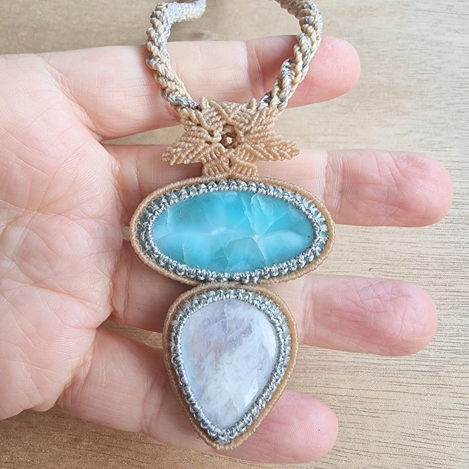 Moonstone &amp; Larimar Pendant – Metallic Lightbody Talisman