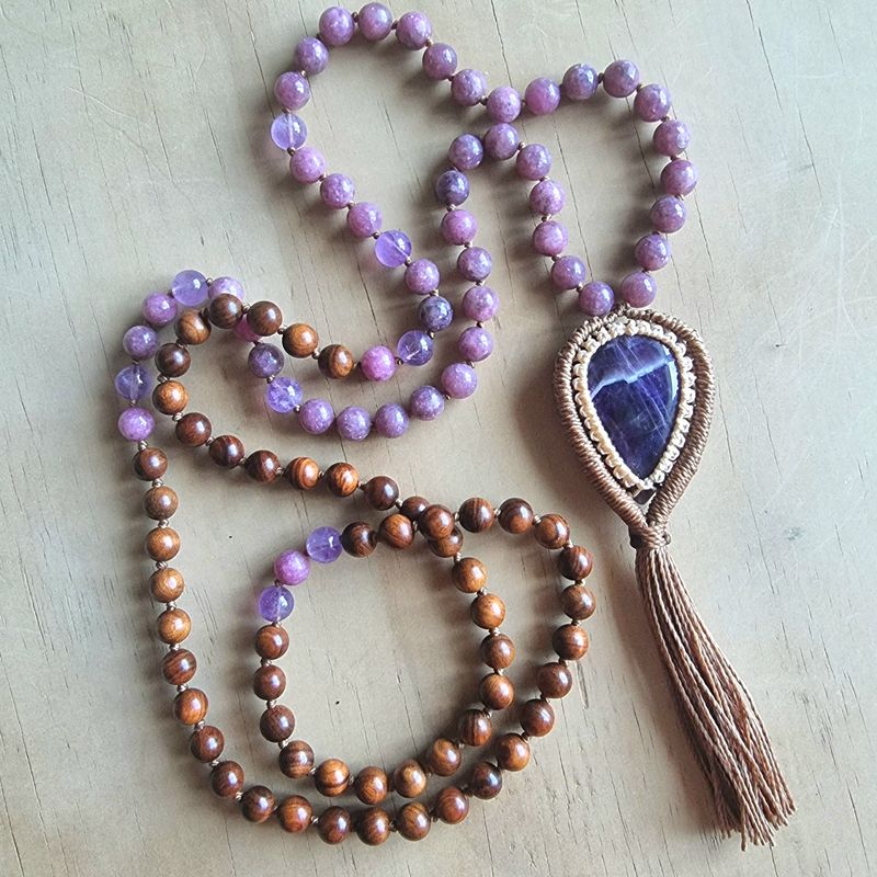 Softly Awakening Lepidolite &amp; Amethyst Intention Beaded Necklace 