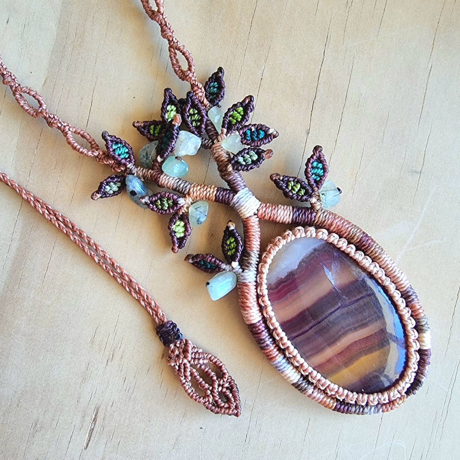 Tree of Life Necklace with Fluorite Pendant &amp; Prehnite Beads