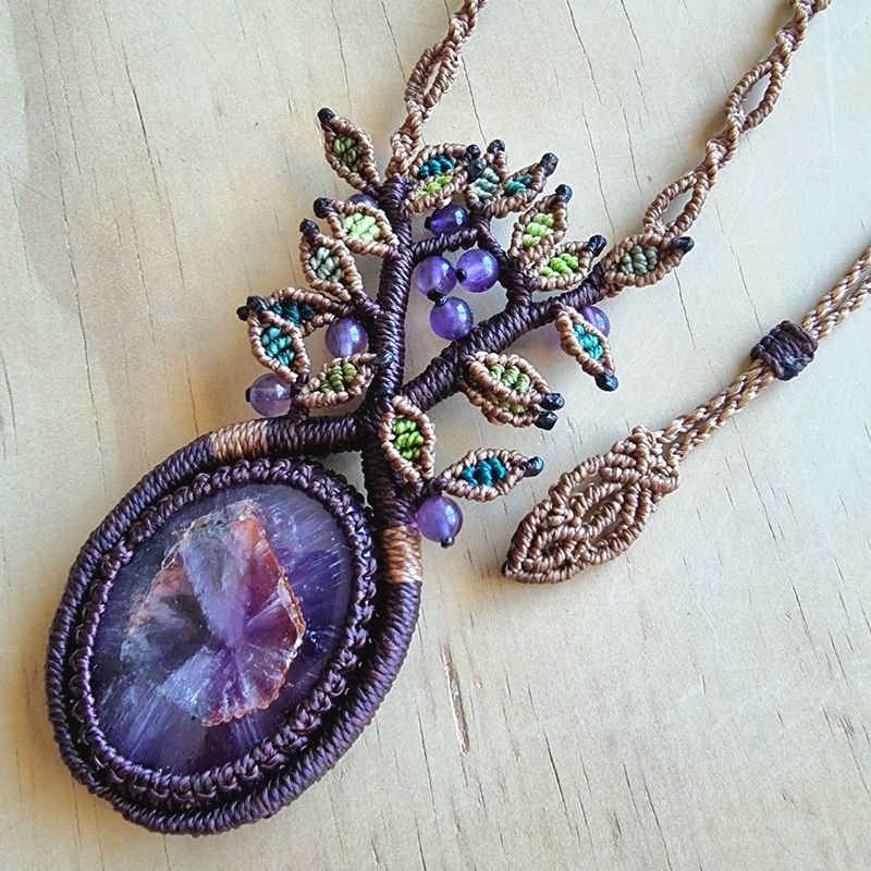 Tree of Life Necklace with Trapiche Amethyst Pendant &amp; Amethyst Beads
