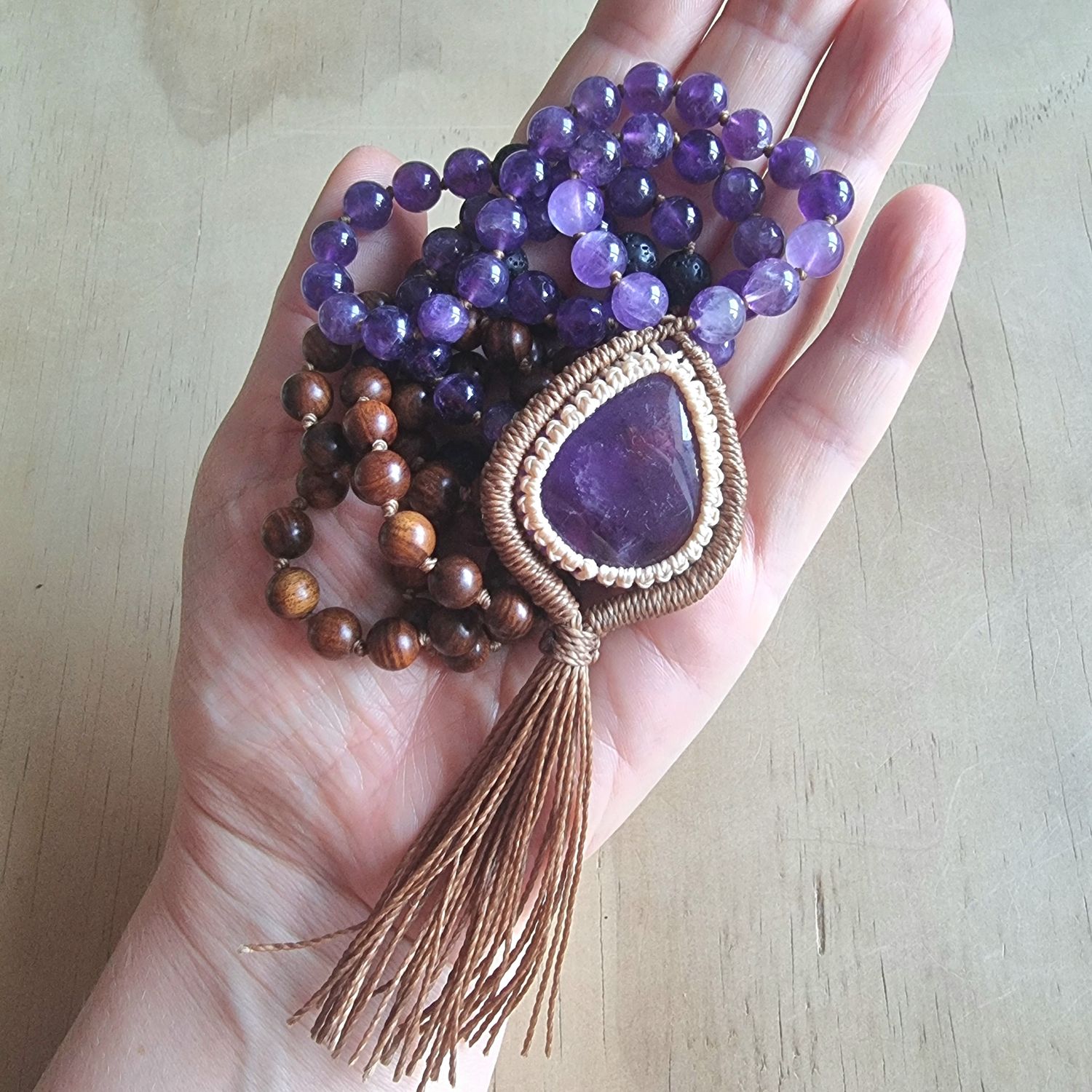 Violet Flame Amethyst &amp; Lava Stone Intention Beaded Necklace 