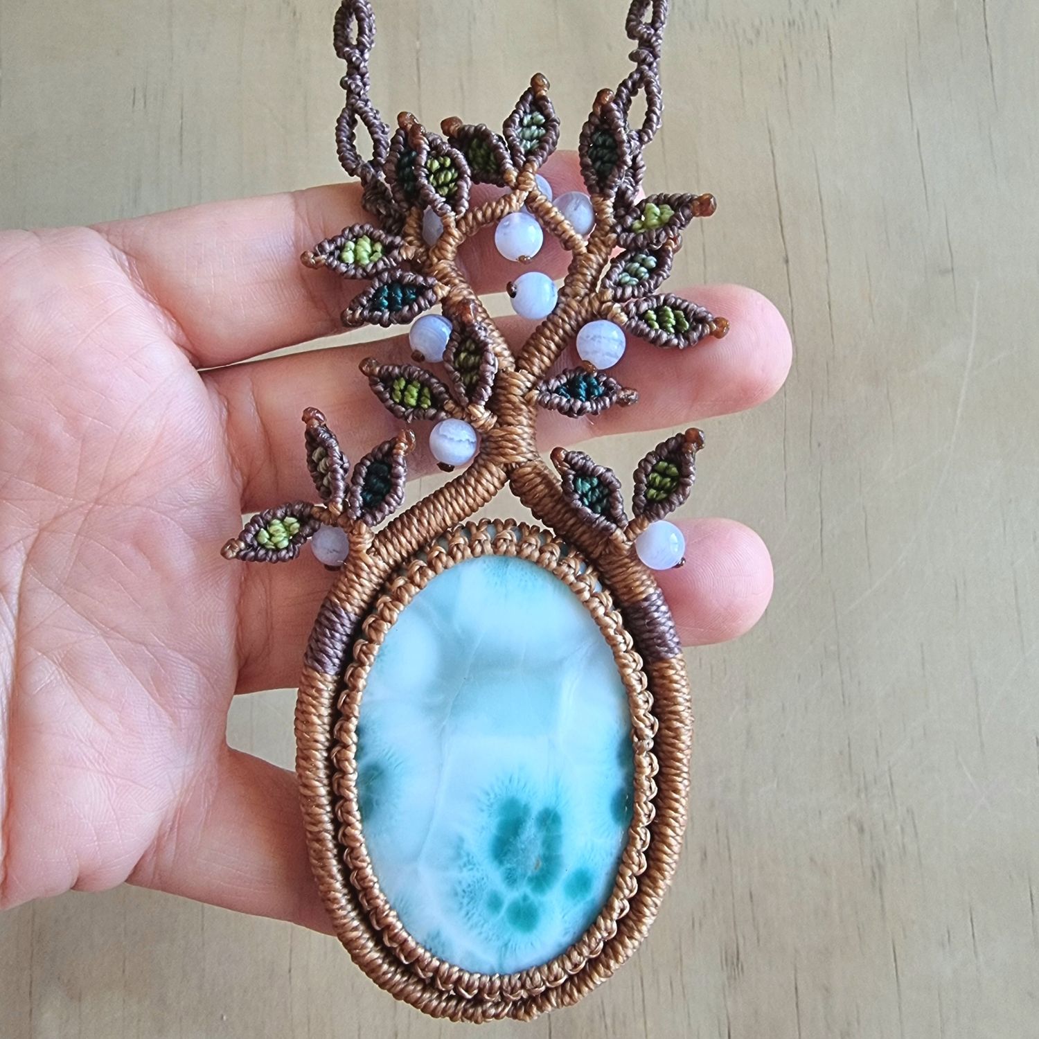 Tree of Life Necklace with Larimar Pendant &amp; Larimar Beads