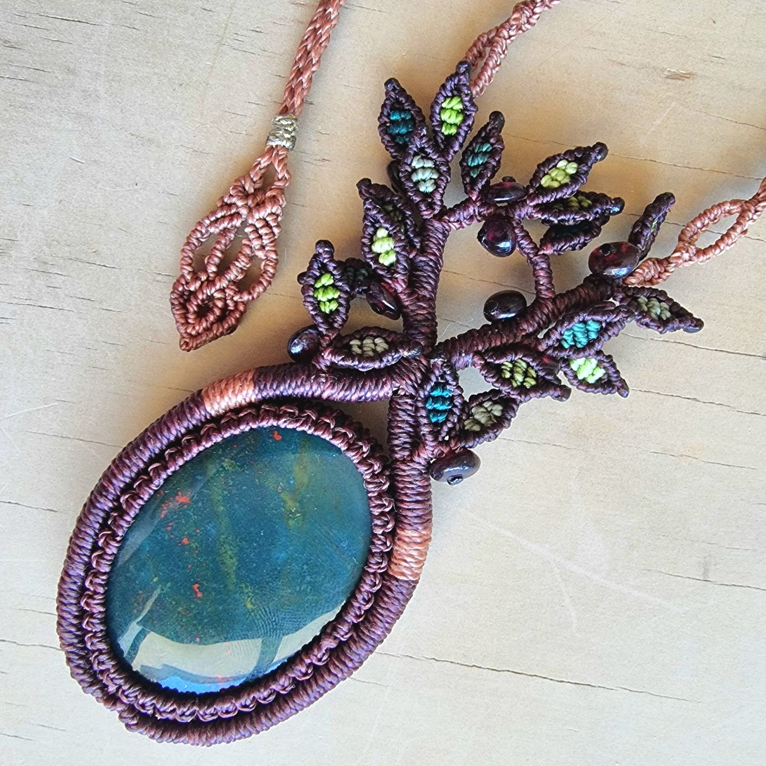 Tree of Life Necklace with Bloodstone Pendant &amp; Garnet Beads