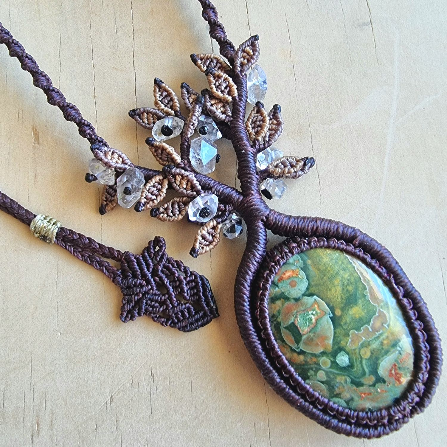 Tree of Life Necklace with Rainforest Jasper Pendant &amp; Herkimer Diamond Beads