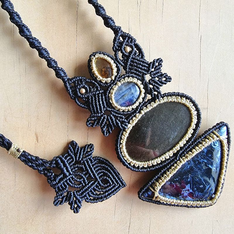 Citrine, Blue Kyanite, Gold Sheen Obsidian &amp; Pietersite Micromacrame Intuitive Wearable Art 