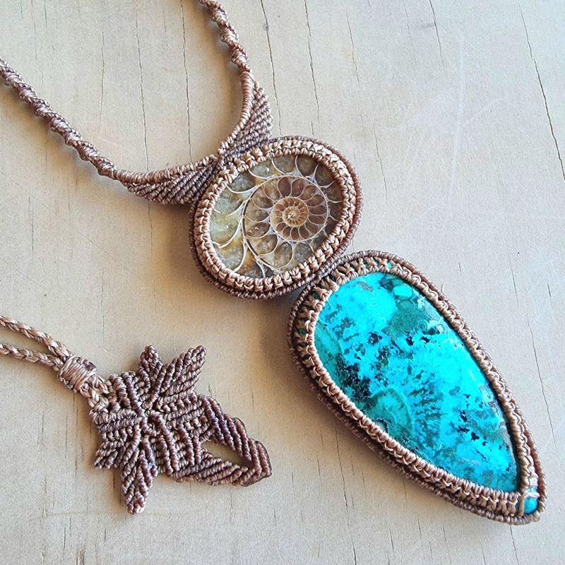 Ammonite &amp; Malachite Chrysocolla Adjustable Micromacrame Necklace