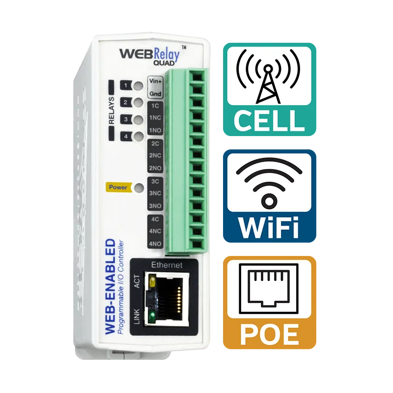 ControlByWeb WebRelay Quad: releohjain, optiona PoE tai WLAN