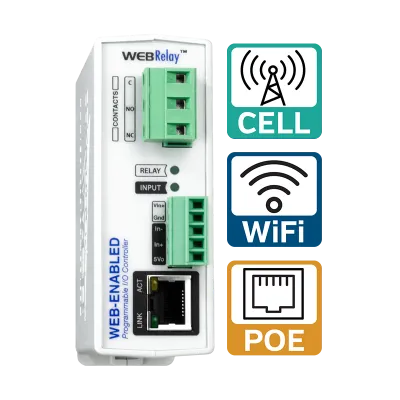 ControlByWeb WebRelay Cell: rele ja DI ohjain; LAN, WLAN ja 4G LTE-M