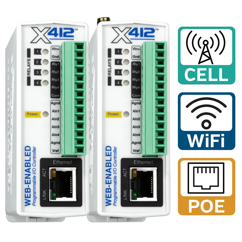 ControlByWeb X-412: rele ja AI ohjain, optiona PoE tai WLAN
