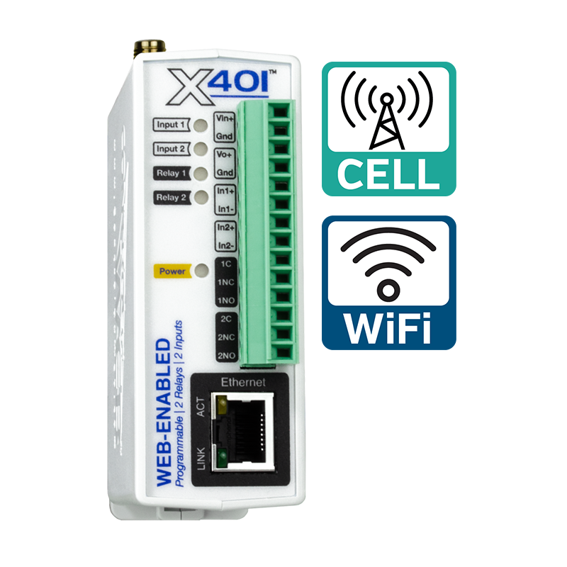 ControlByWeb X-401C: rele ja DI ohjain; LAN, WLAN ja 4G LTE-M